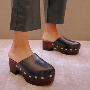 ALOHAS | Harley Black Leather Studded Clogs Size 37/6.5